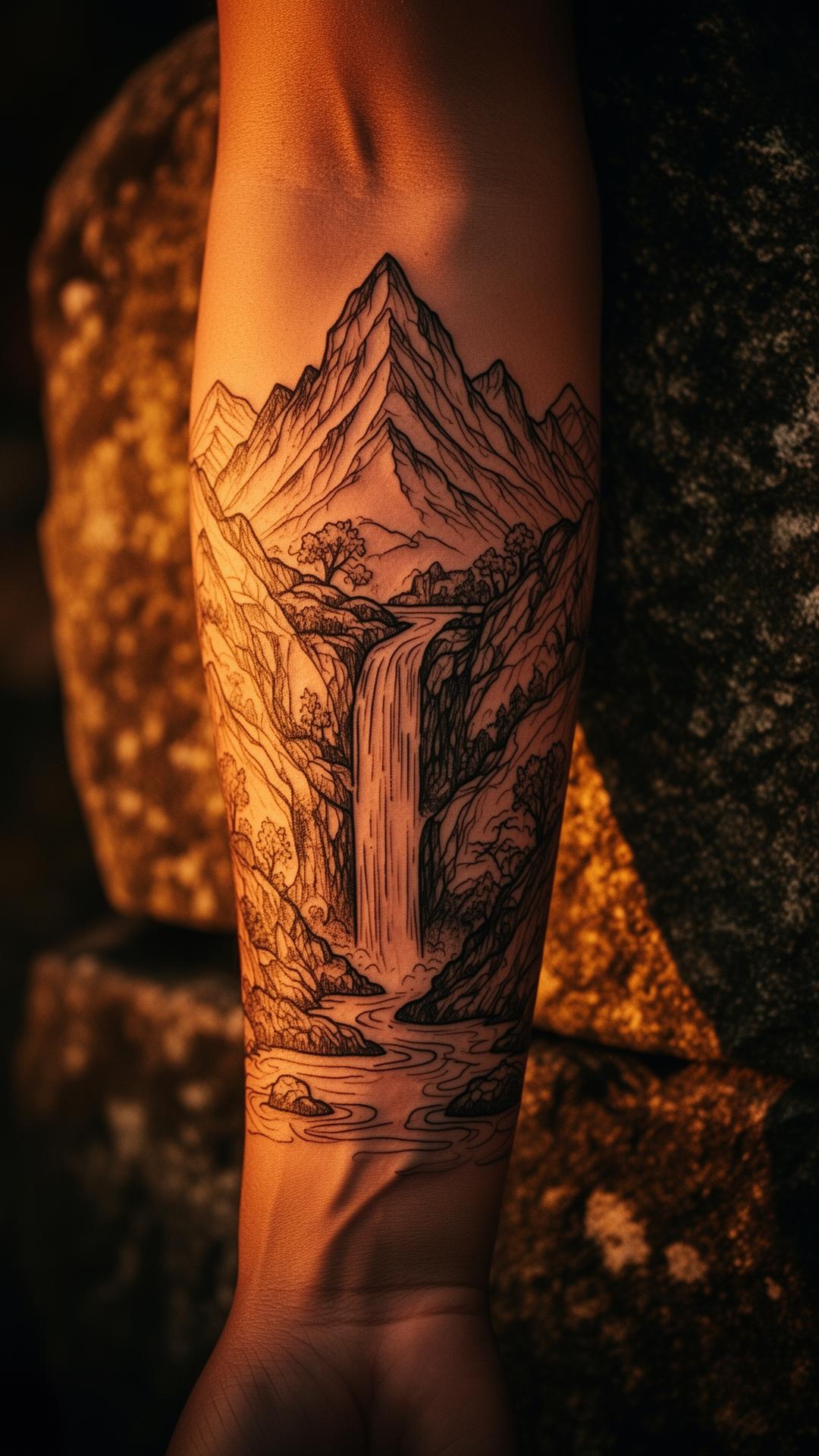 Tatuagem fine line de cascata feita por Aline Druco em São Thomé das Letras